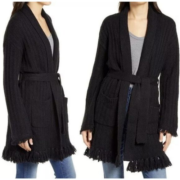 Treasure & Bond Sweaters - Treasure & Bond Boho Fringe belt Cardigan Open Front Belted Sweater Black LARGE